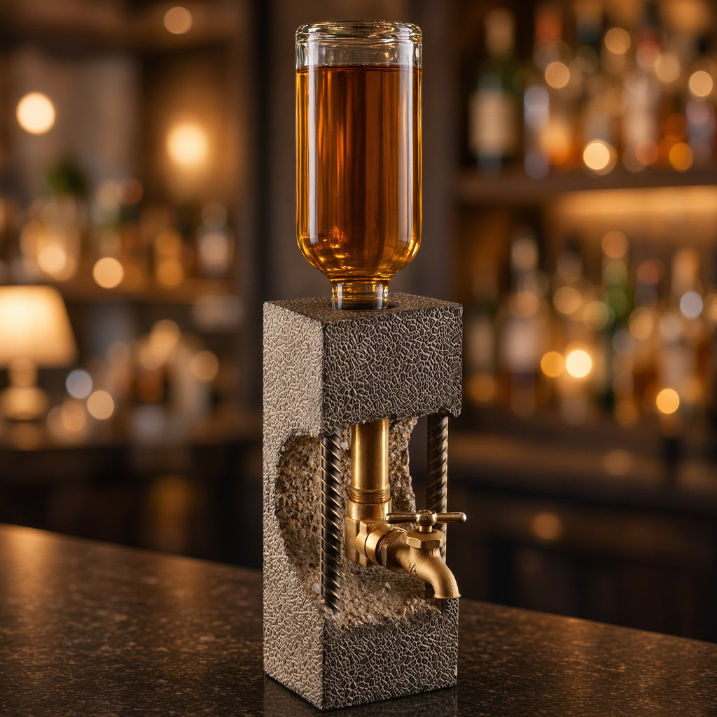 Textured concrete whiskey dispenser with inverted whiskey bottle displayed in a modern home bar