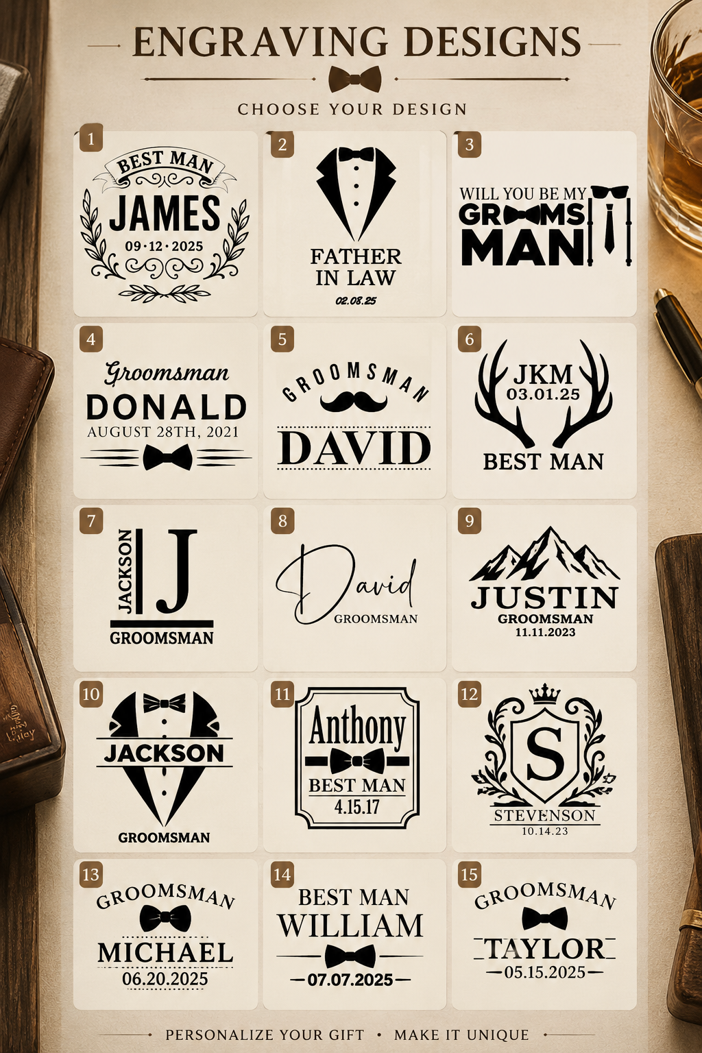 Wedding party engraving design options for personalized oak beer mugs, including Groomsman and Best Man
