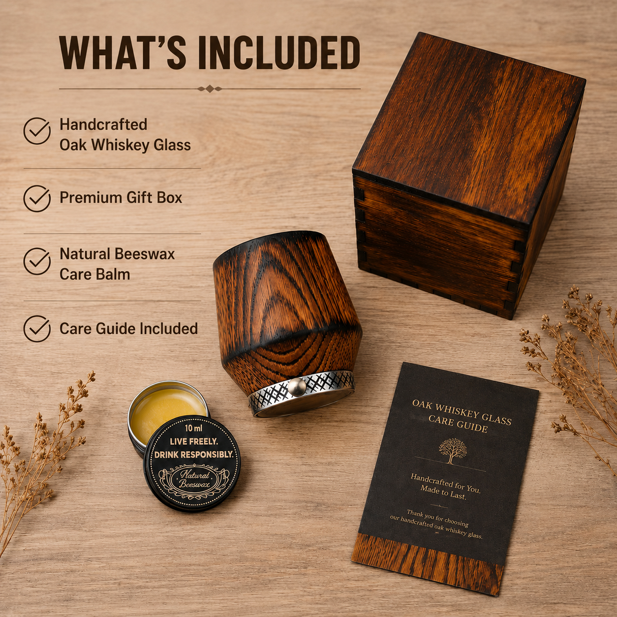 Oak whiskey glass gift set with wooden box, straw, beeswax balm and care instructions