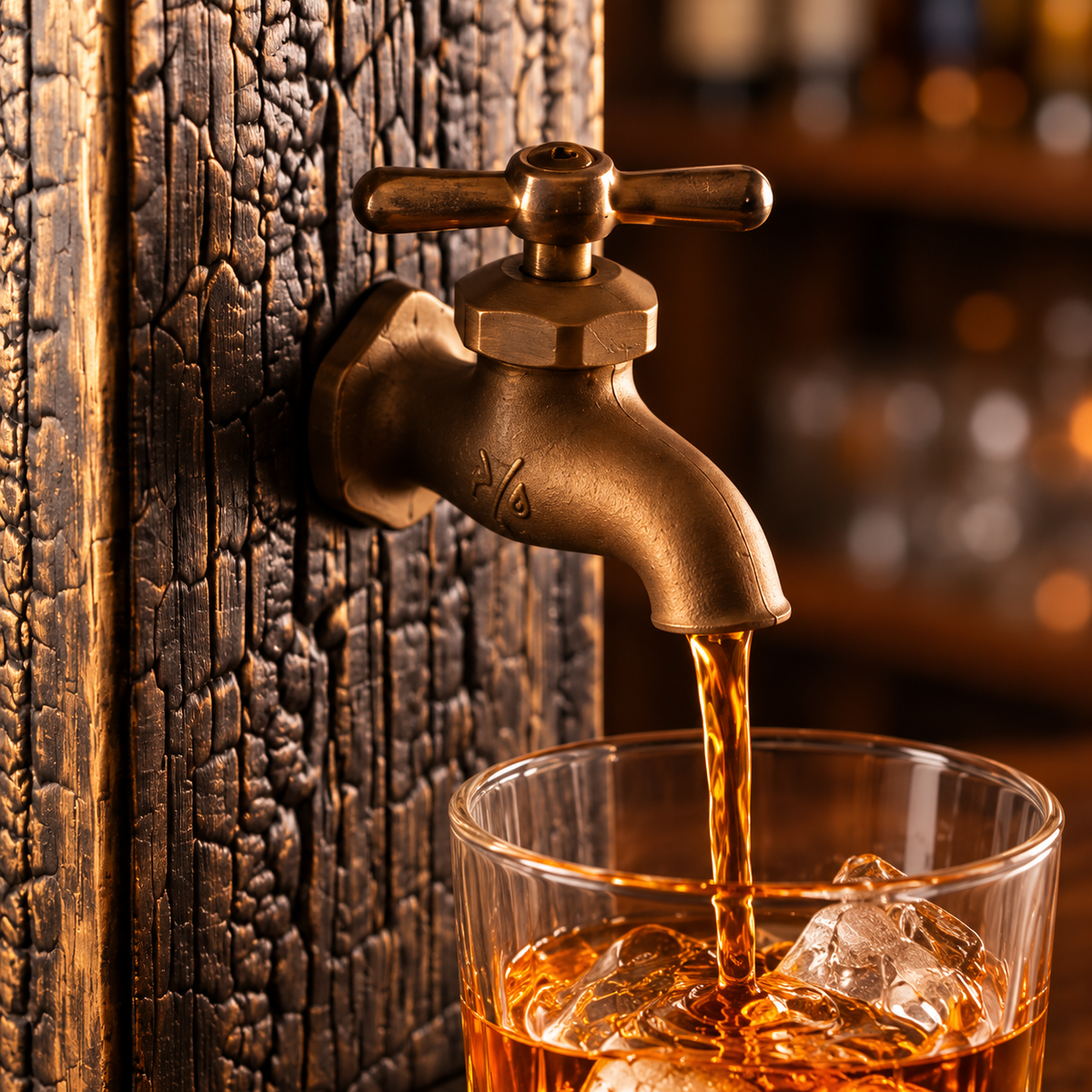 Whiskey flowing from a brass tap into a clear glass with ice, beside gold-patinated charred oak.
