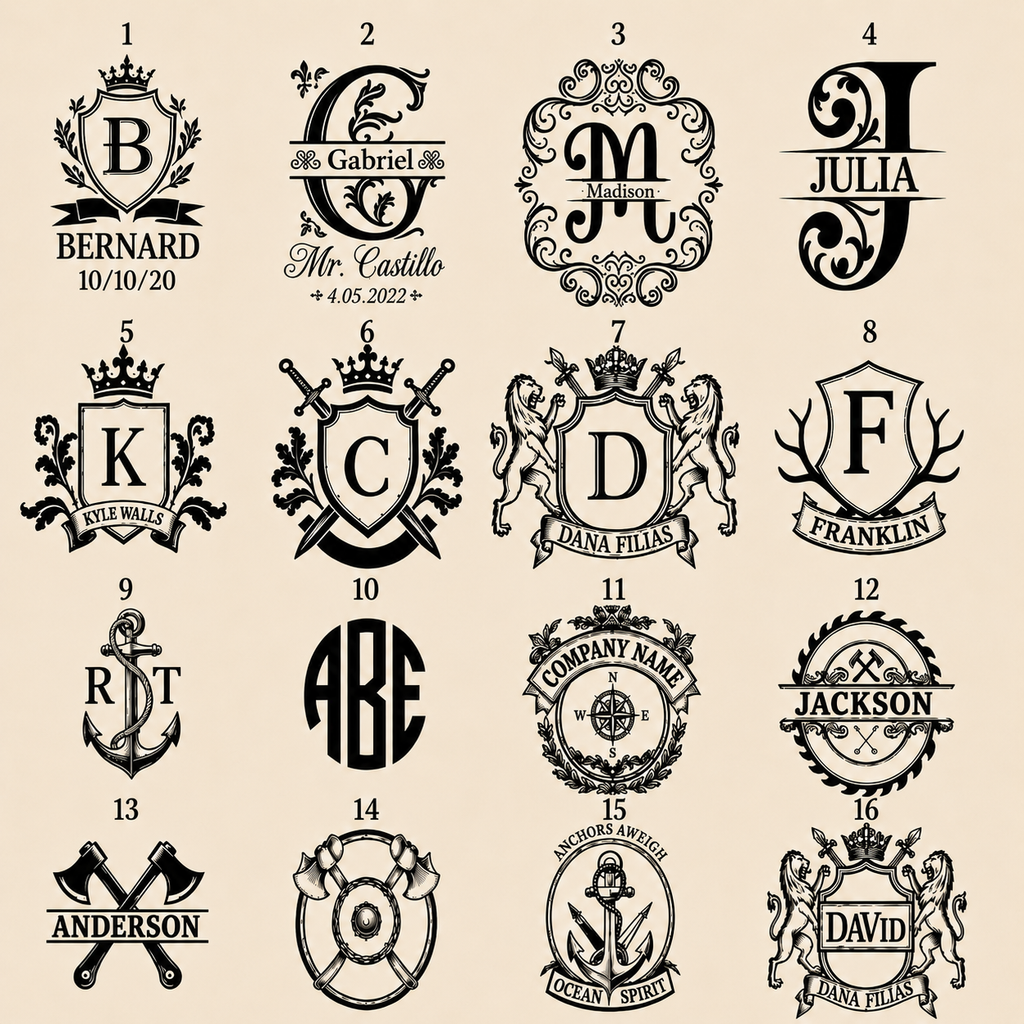 Collection of numbered monogram and engraving designs for a personalized whiskey gift set