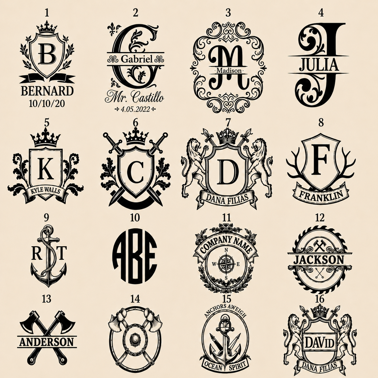 Collection of numbered monogram and engraving designs for a personalized whiskey gift set