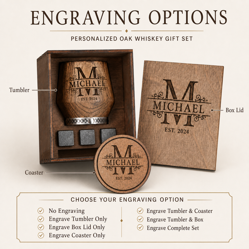 Engraving options for oak whiskey tumbler, wooden box lid and matching coaster