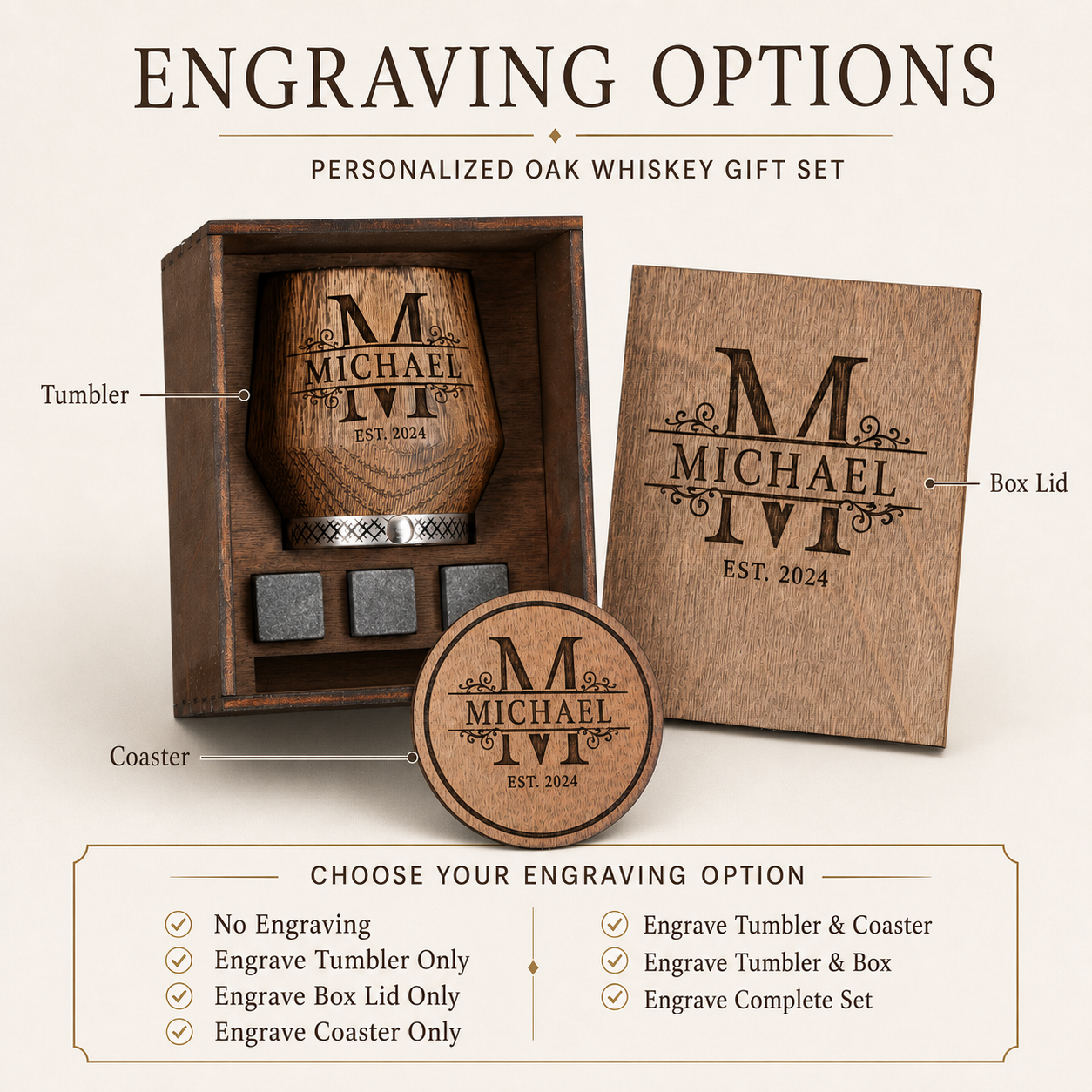 Engraving options for oak whiskey tumbler, wooden box lid and matching coaster
