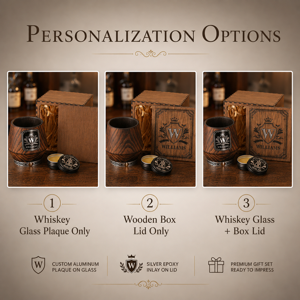 Personalization options showing an aluminum plaque on the whiskey glass, epoxy inlay on the box lid, or both pieces customized.