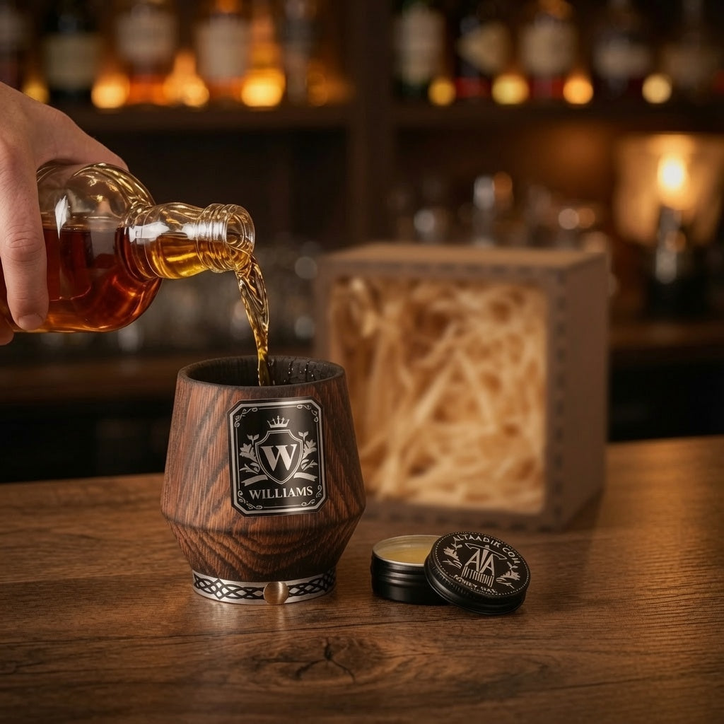 Whiskey being poured into a personalized charred oak tumbler beside an open wooden gift box and wood care balm.