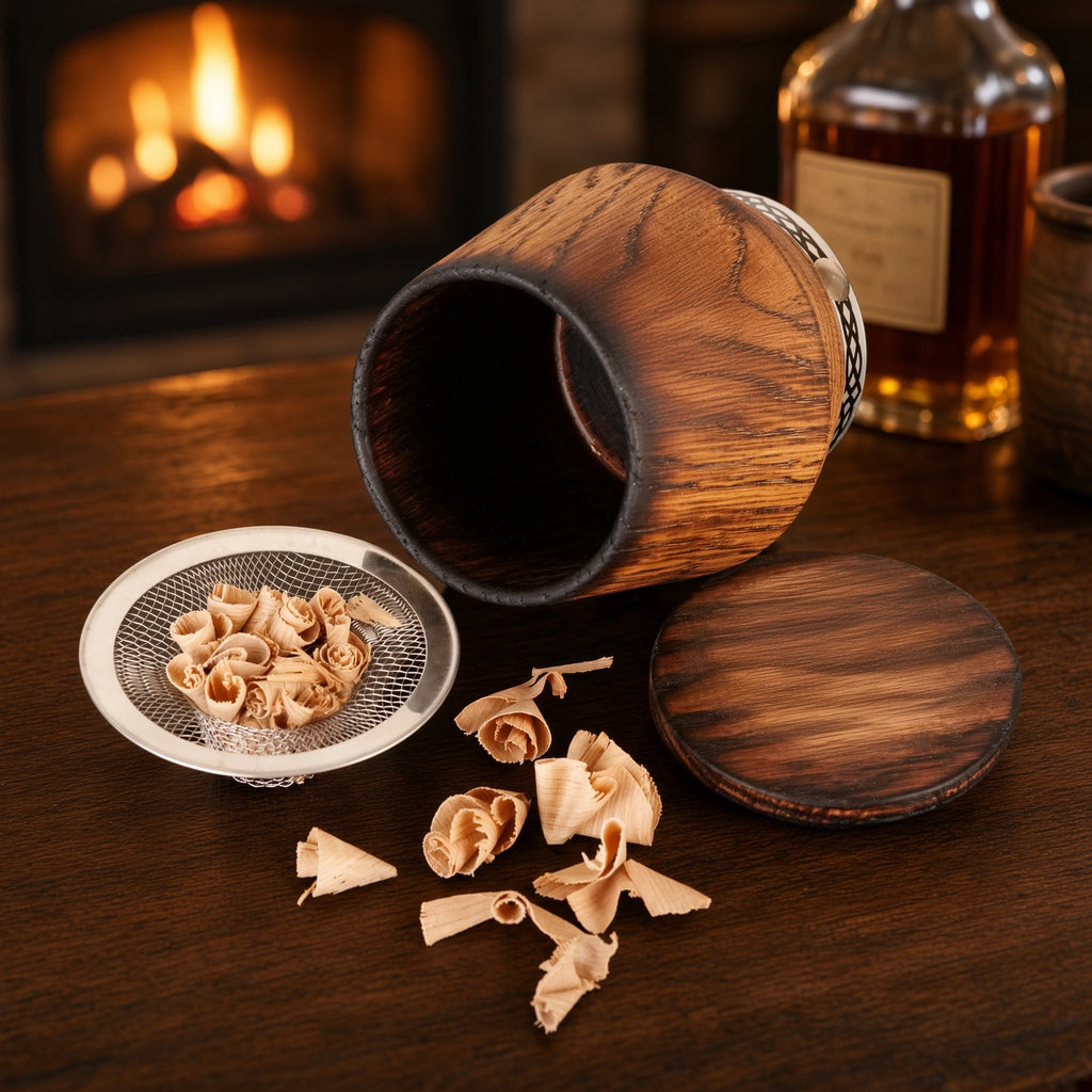 Lifestyle photo of charred oak whiskey smoker kit with engraved glass, lid, oak chips, and bar setting.