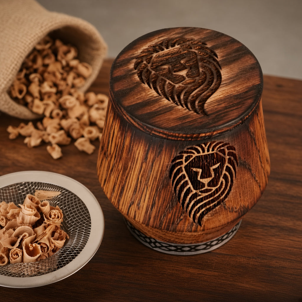 Engraved charred oak whiskey smoker glass with lifted wooden lid and smoking insert.