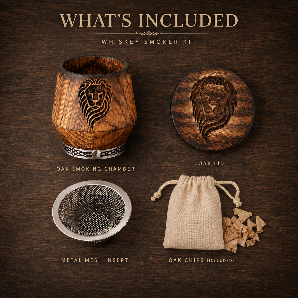 Infographic showing what is included in the whiskey smoker kit: oak glass, wooden lid, smoking insert, and pouch of oak chips.