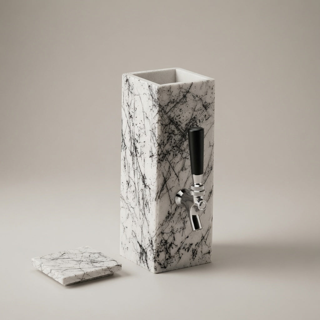 White marble whiskey dispenser with black hand-decorated pattern and silver-tone metal tap on a light neutral background.