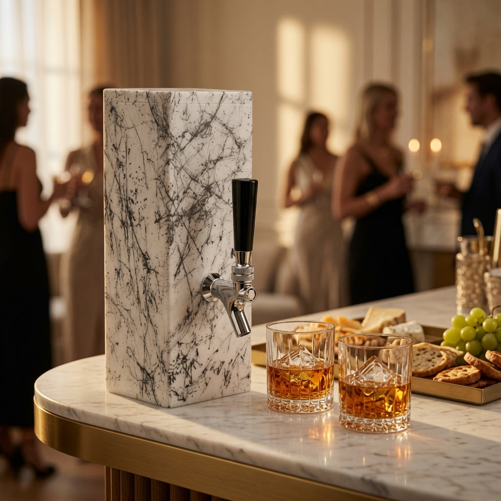 White marble whiskey dispenser styled for a cocktail party, wedding bar, or elegant entertaining table.