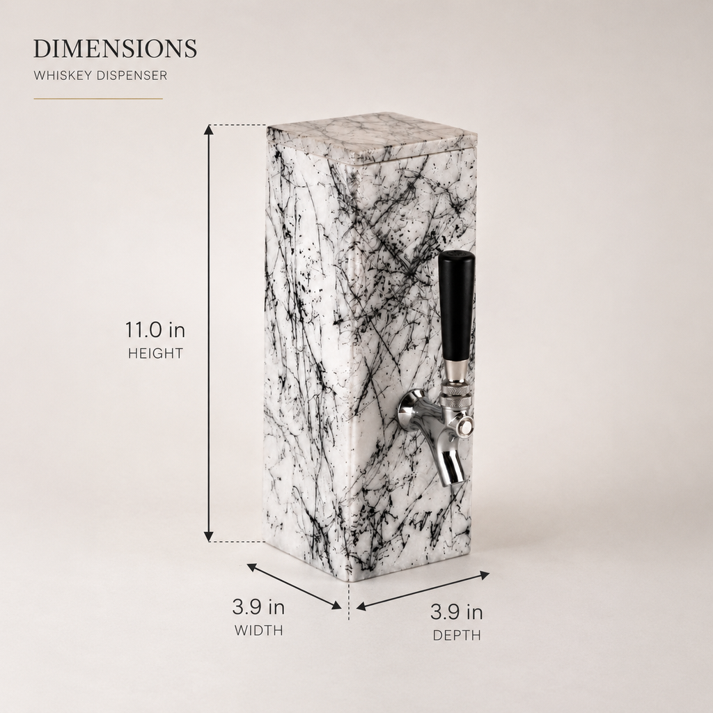 White marble whiskey dispenser dimensions: height 11.0 inches, width 3.9 inches, depth 3.9 inches.
