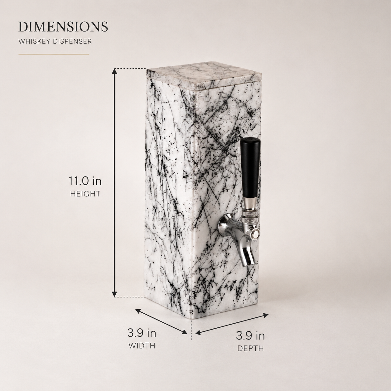 White marble whiskey dispenser dimensions: height 11.0 inches, width 3.9 inches, depth 3.9 inches.