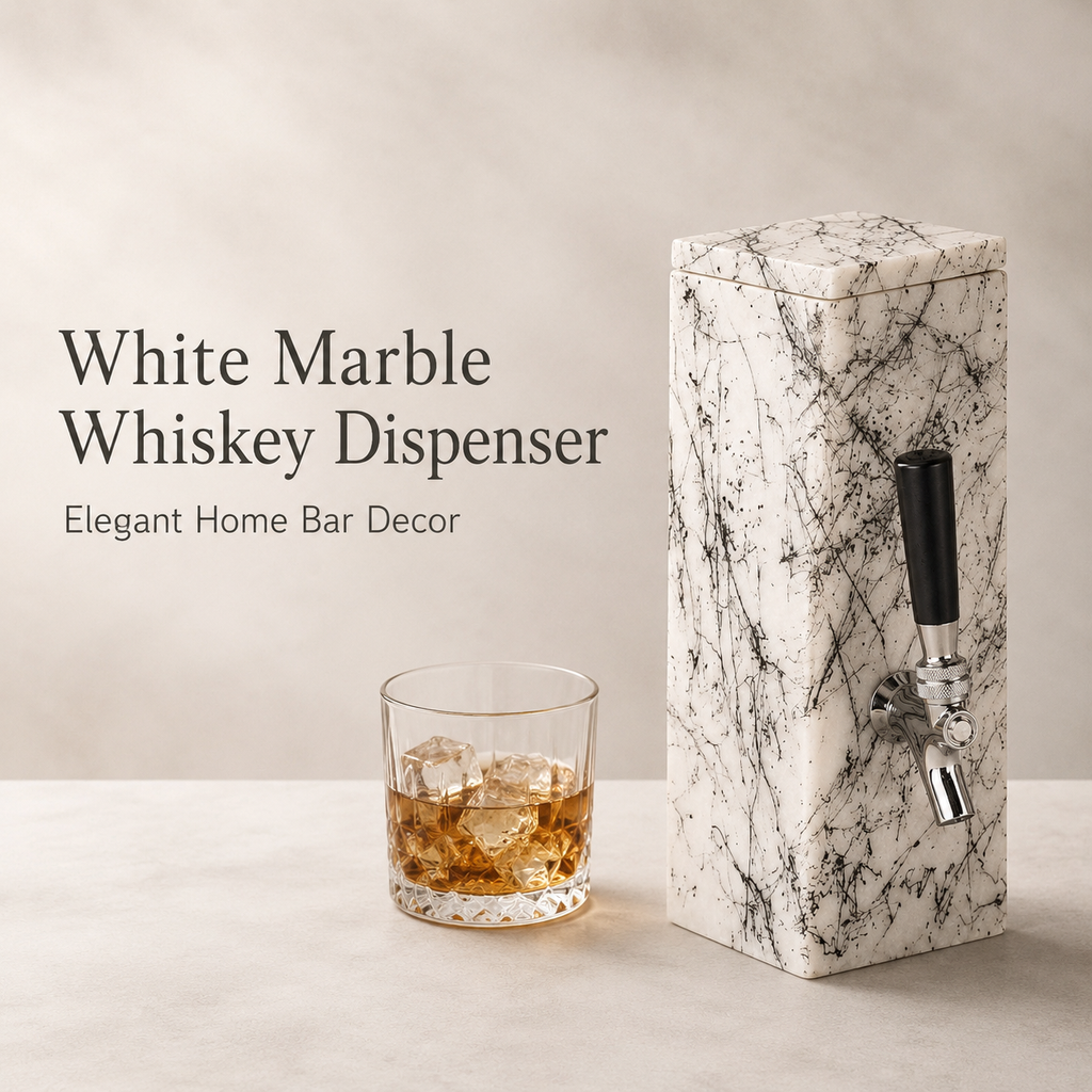 White marble whiskey dispenser with hand-decorated black pattern, silver-tone tap, and glass of whiskey for elegant home bar decor.