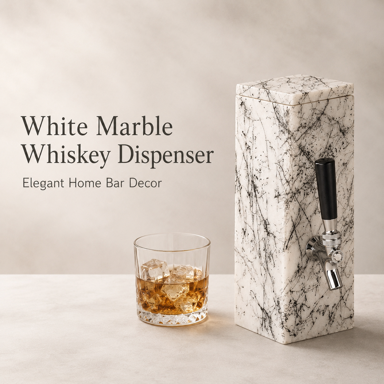 White marble whiskey dispenser with hand-decorated black pattern, silver-tone tap, and glass of whiskey for elegant home bar decor.