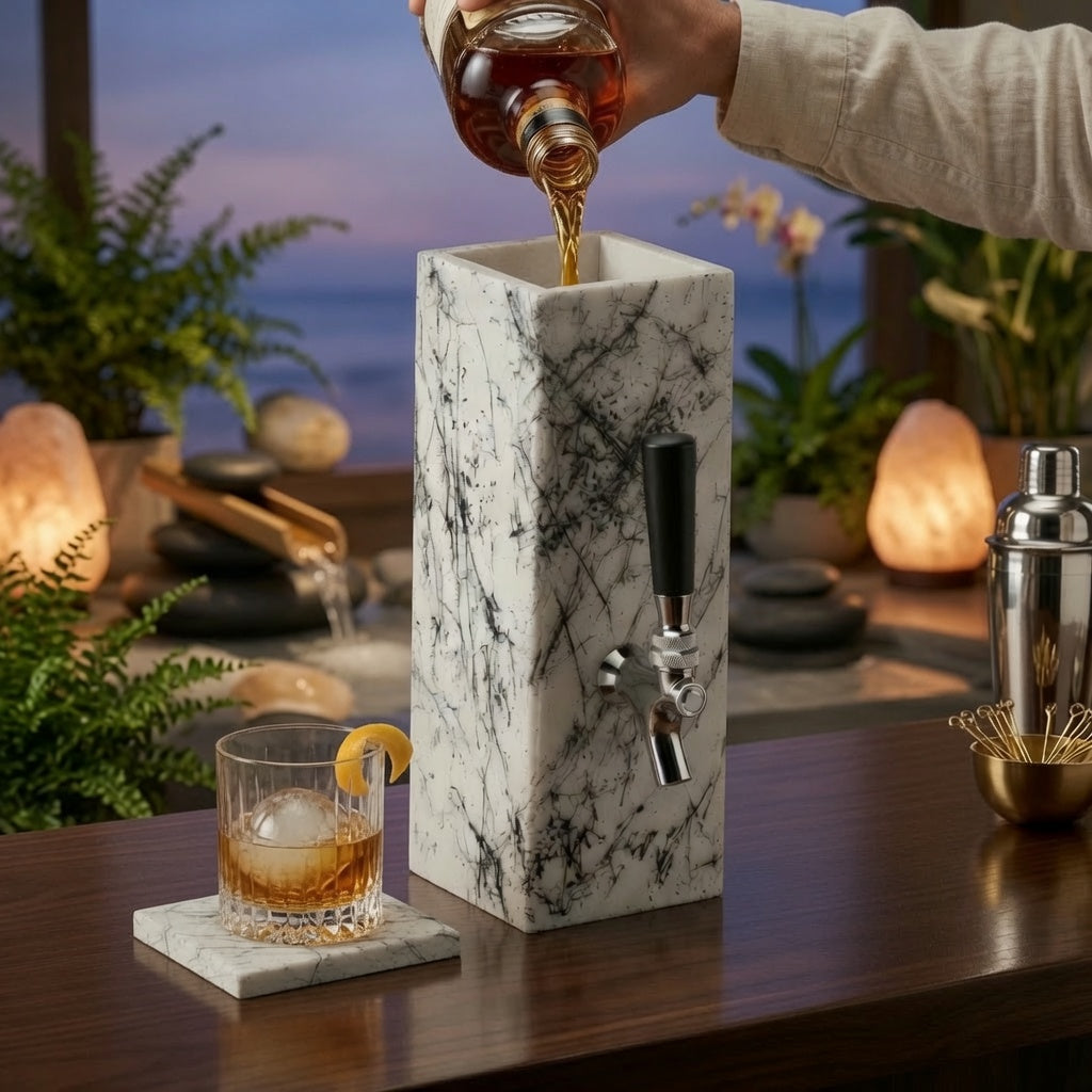 White marble whiskey dispenser being filled from a bottle, showing how the dispenser is used for whiskey, bourbon, or spirits.
