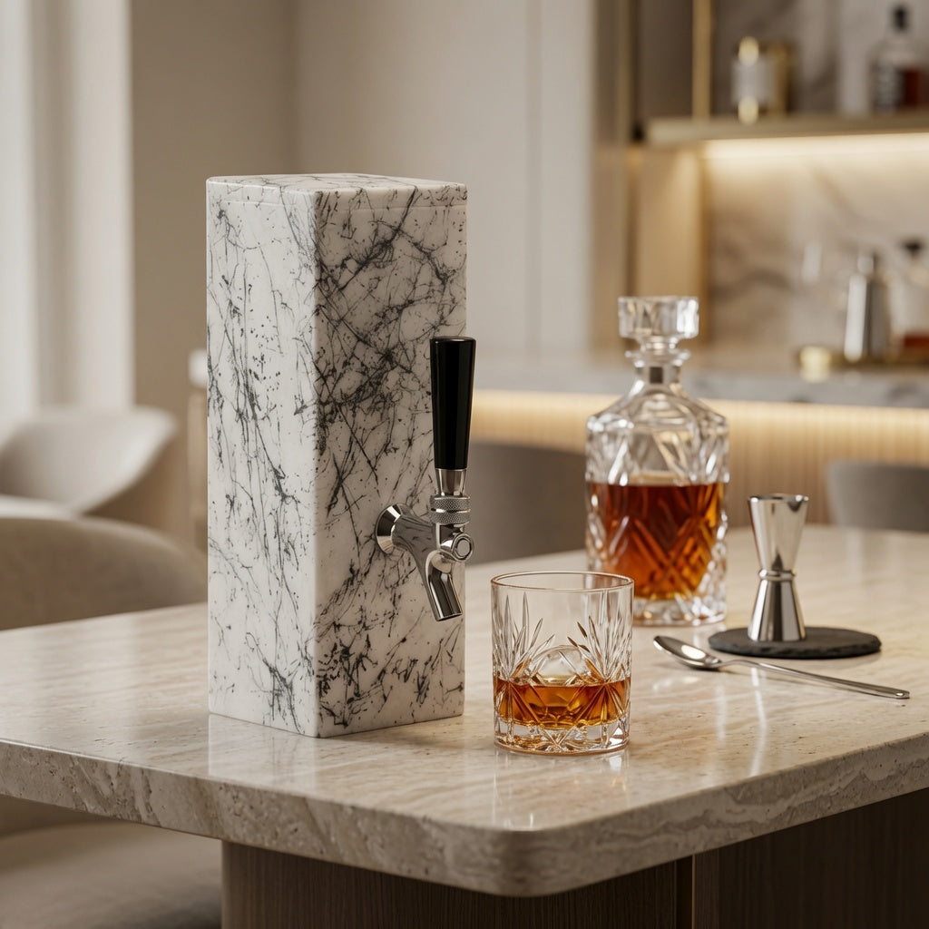 White marble whiskey dispenser styled on a home bar with a whiskey glass, designed as elegant barware for modern entertaining.