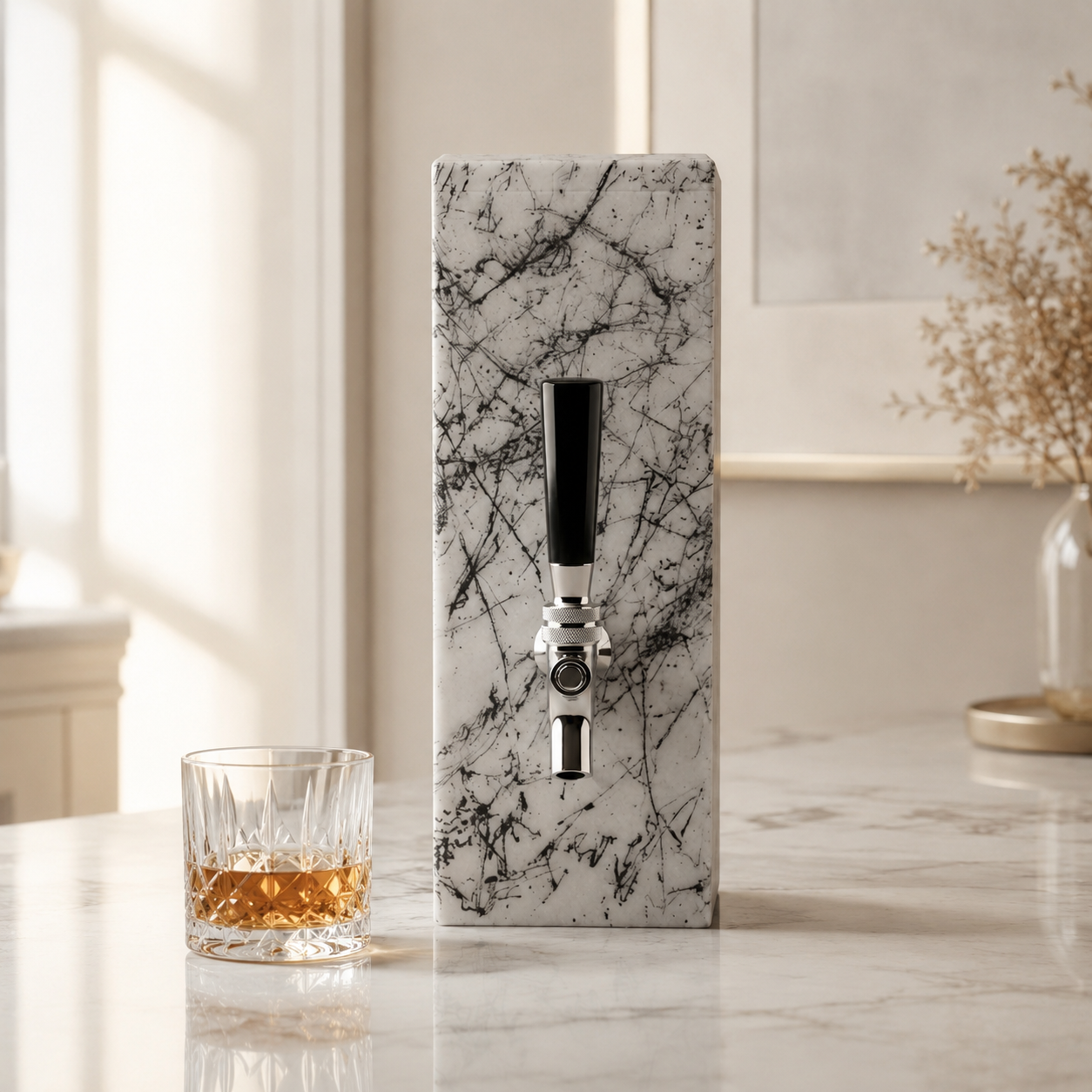 White marble whiskey dispenser with black hand-decorated pattern and silver-tone metal tap on a light neutral background.