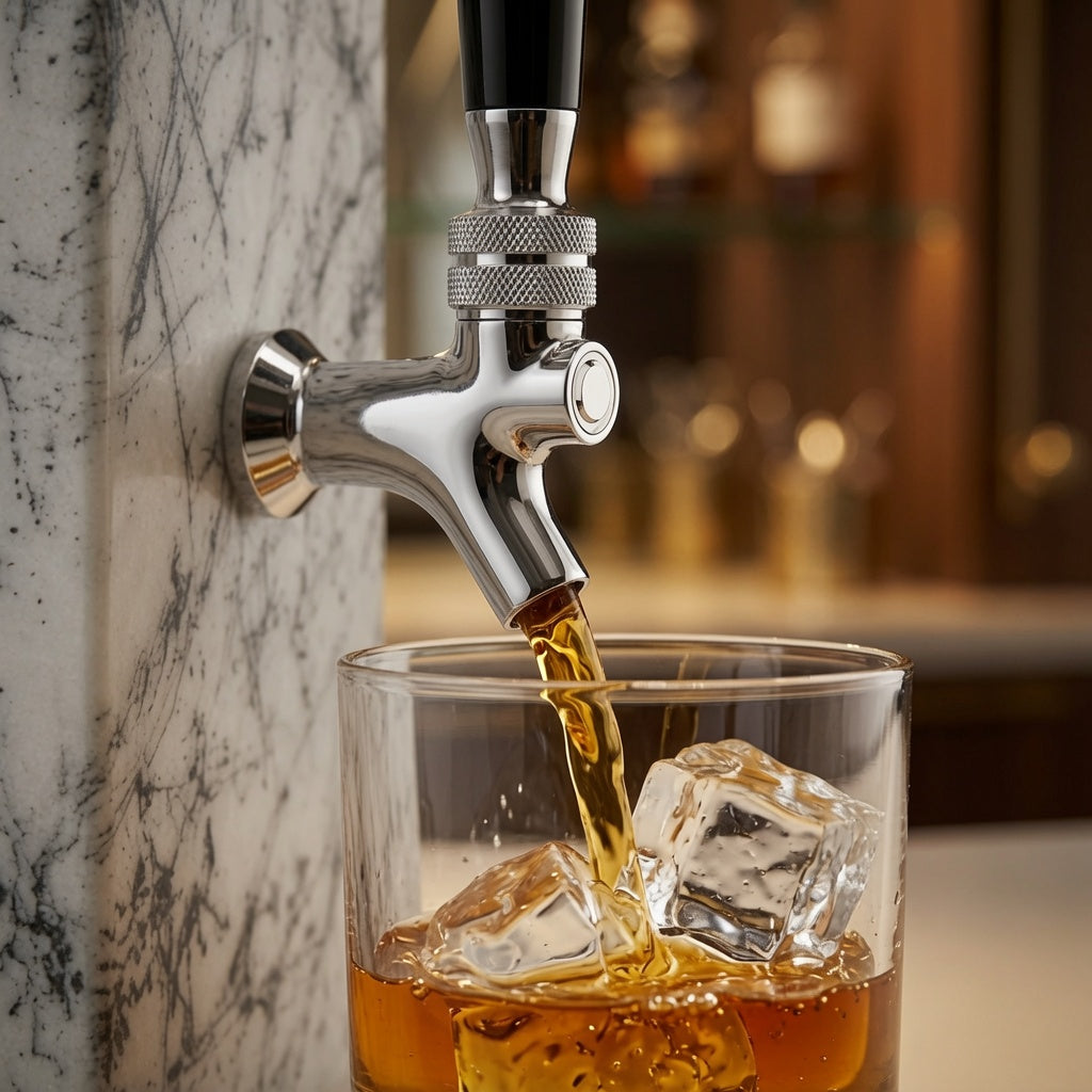 White marble whiskey dispenser pouring whiskey from a silver-tone tap into a glass with ice.