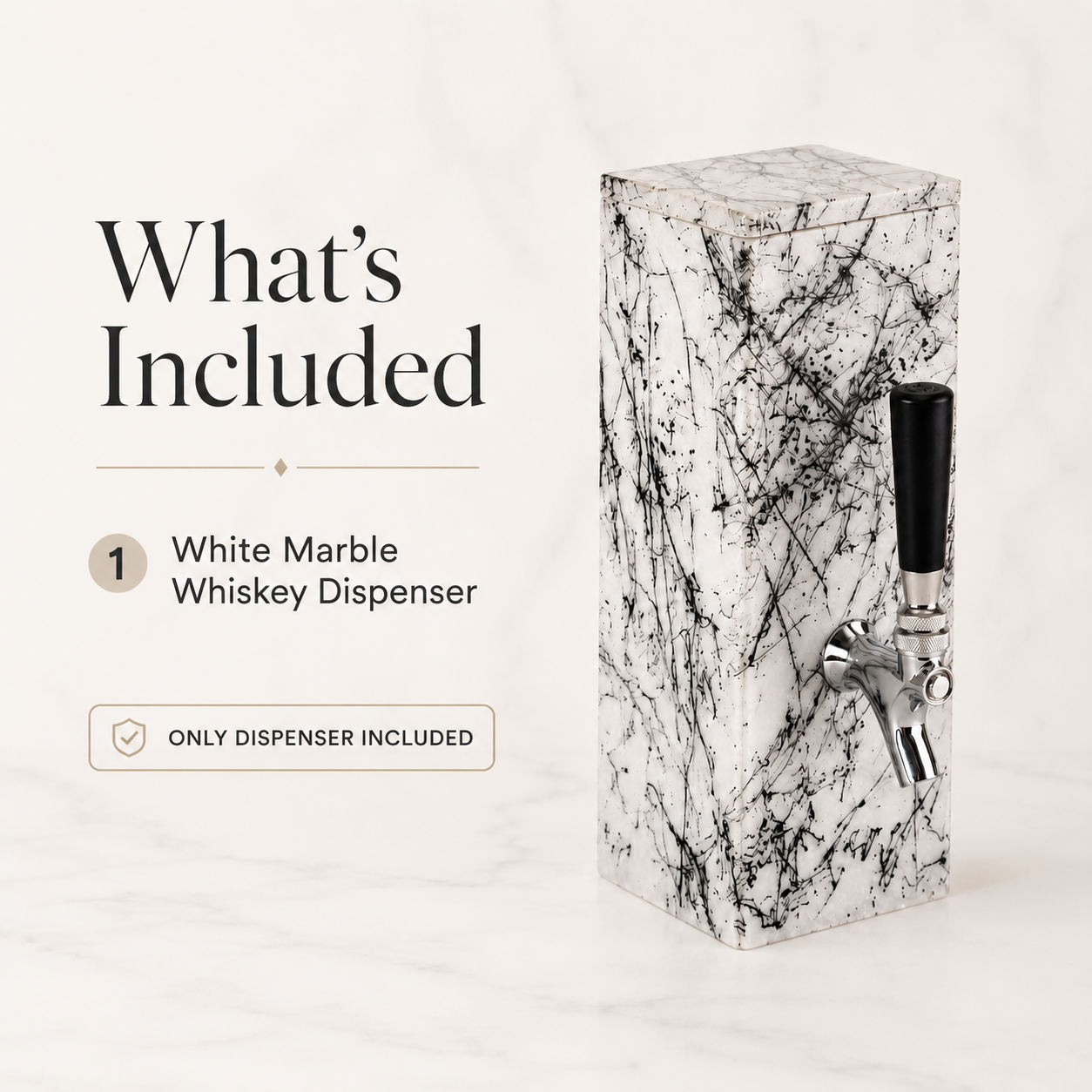 What is included: one white marble whiskey dispenser with hand-decorated black pattern and silver-tone tap.