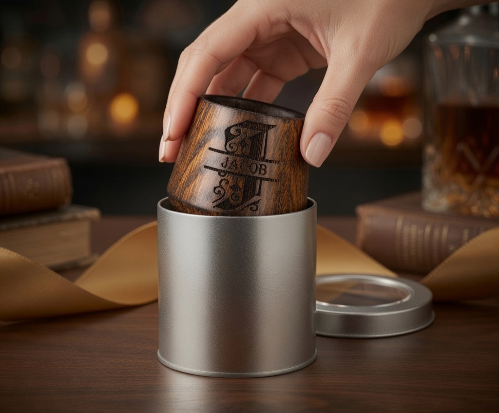 Hand placing a wooden whiskey glass inside a round silver metal gift box