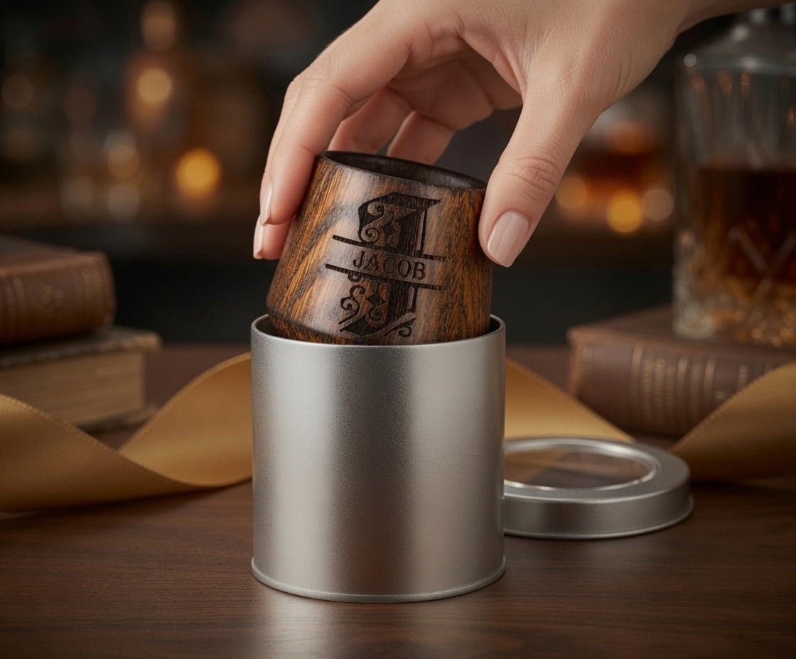 Hand placing a wooden whiskey glass inside a round silver metal gift box